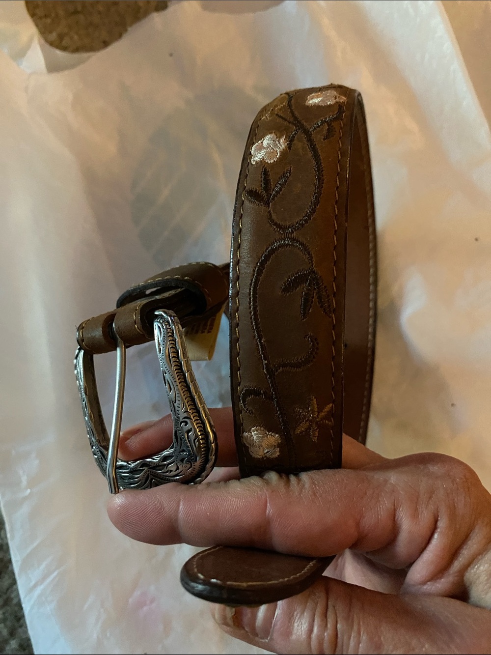 La Botota Brown Floral-Embroidered Leather Belt with Silver-Tone Buckle